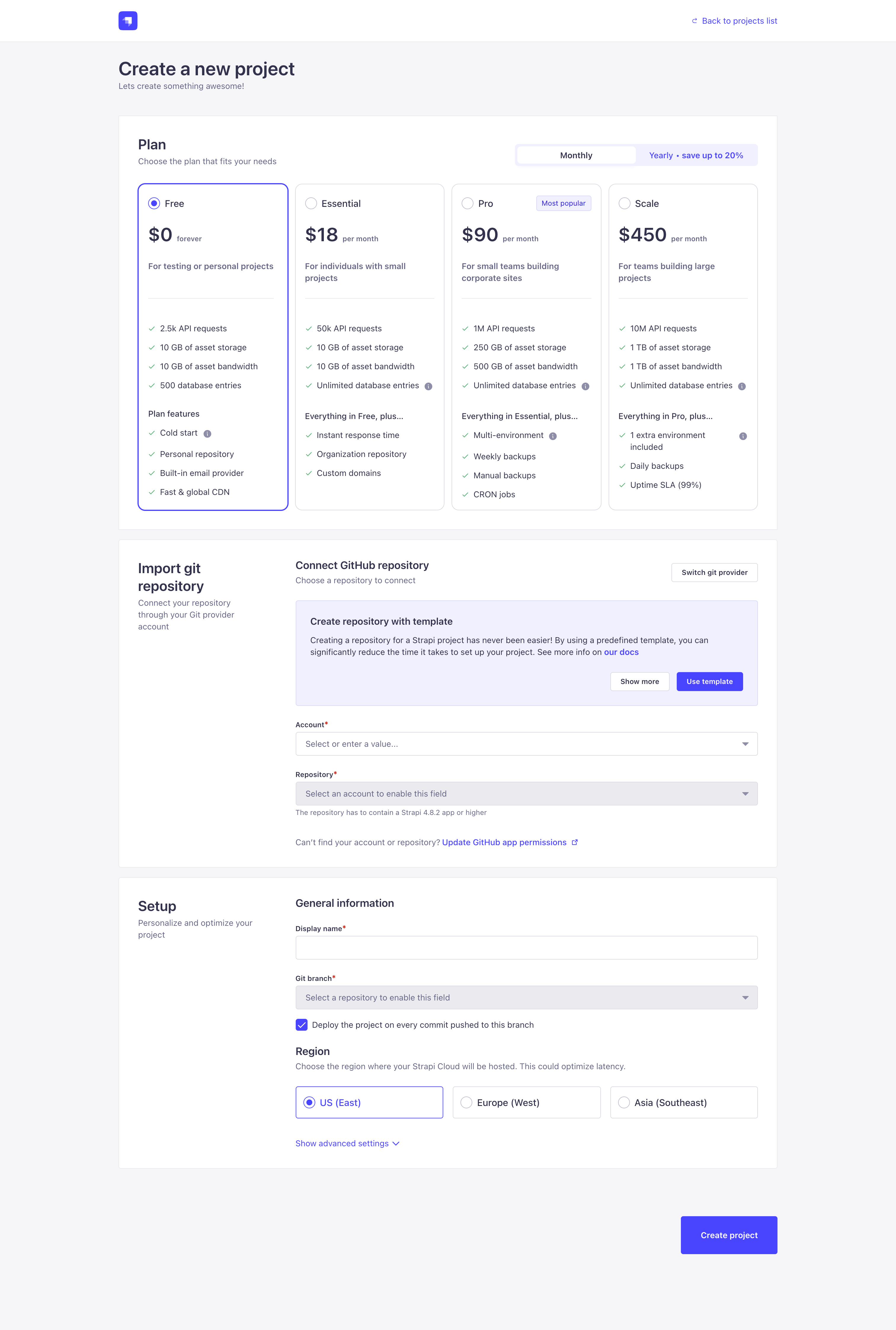 Strapi Cloud project creation, step 1